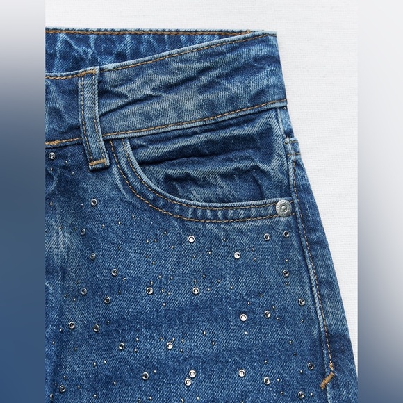 ZARA Z1975 FULL LENGTH STRAIGHT CUT BEADED JEANS WITH A HIGH WAIST - Picture 6 of 8